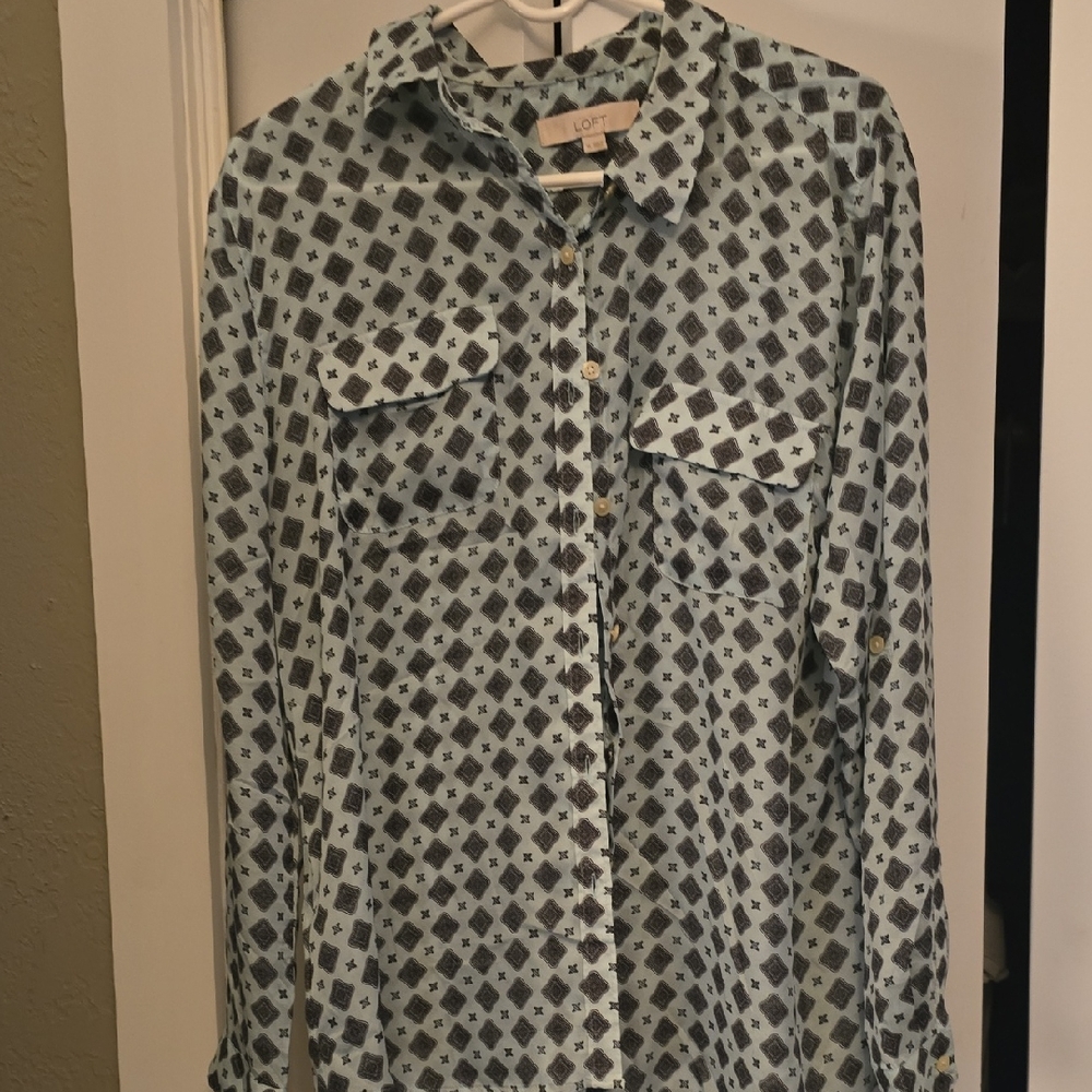 LOFT Blue and White Geometric Blouse